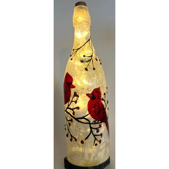 Hand Painted Bottle LED Starry Lights Winter Cardinal Scene Red Bird Christmas - Picture 4 of 9